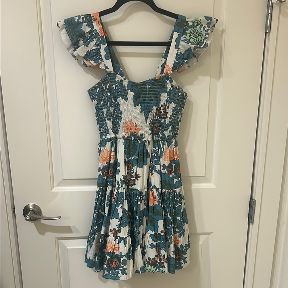 Blue and Green Floral Ruffle Strap Sundress